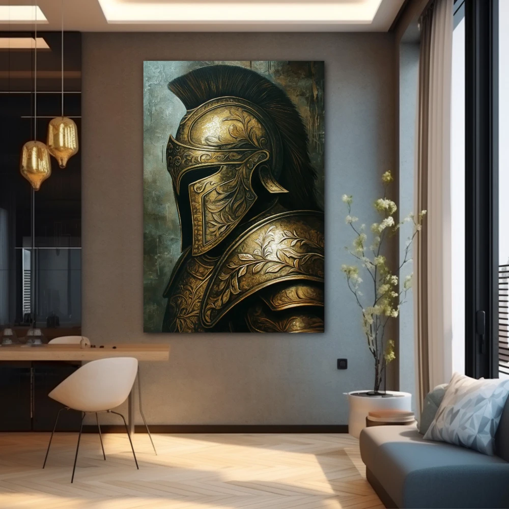 Wall Art titled: Silence of the Warrior in a Vertical format with: and Golden Colors; Decoration the Grey Walls wall