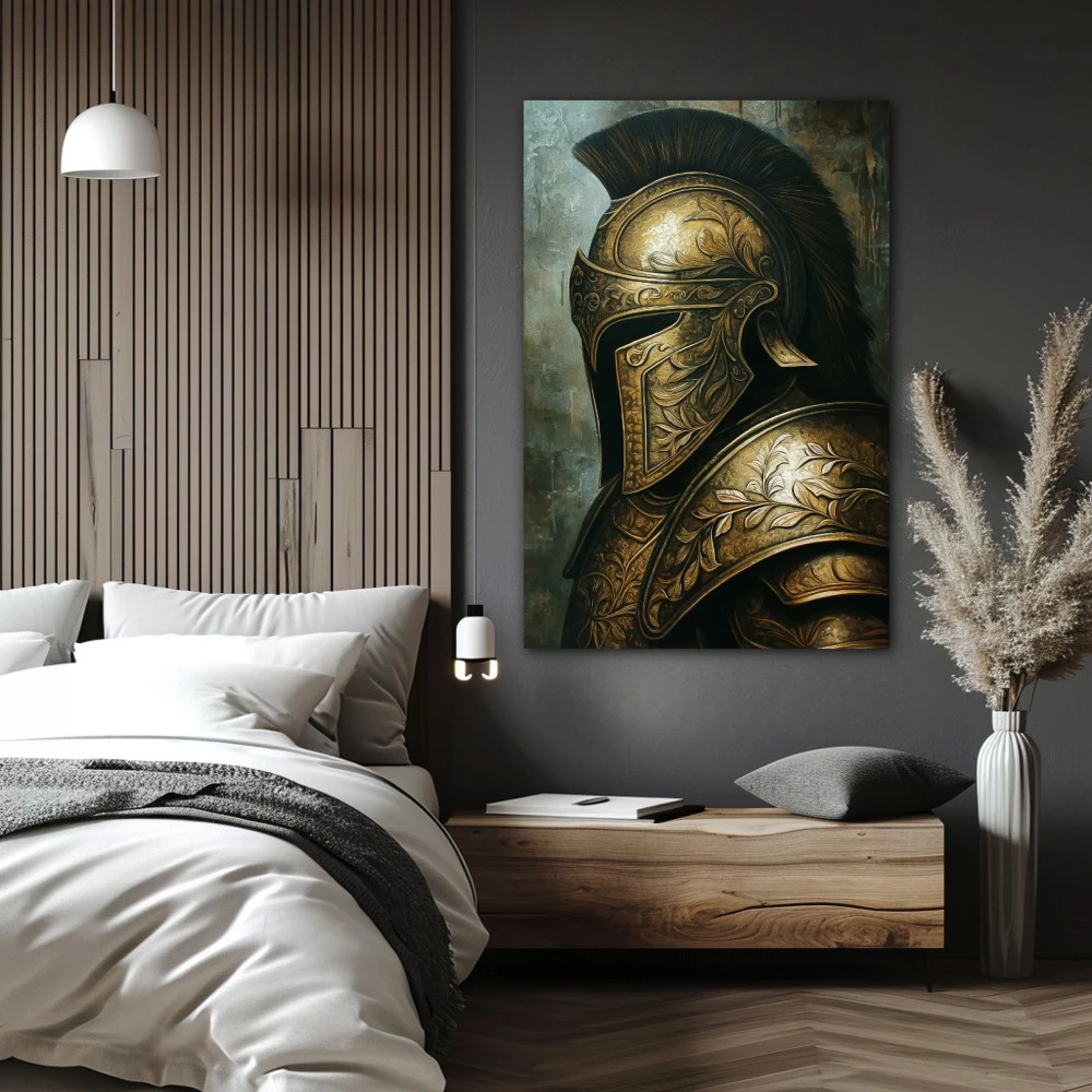 Wall Art titled: Silence of the Warrior in a Vertical format with: and Golden Colors; Decoration the Bedroom wall