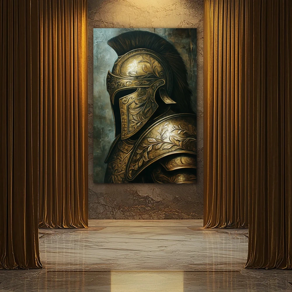 Wall Art titled: Silence of the Warrior in a Vertical format with: and Golden Colors; Decoration the Hallway wall