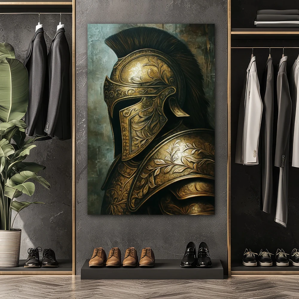Wall Art titled: Silence of the Warrior in a Vertical format with: and Golden Colors; Decoration the Dressing Room wall