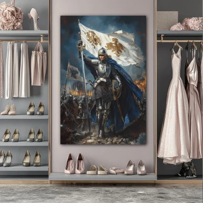Cuadro Juana de Arco en formato vertical con colores Azul, Blanco, Gris; Decorando pared de Vestidor Cuadro Juana de Arco en formato vertical con colores Azul, Blanco, Gris; Decorando pared de Vestidor