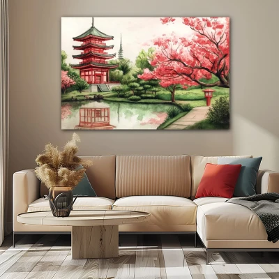 Wall Art titled: Pagoda Among Cherry Blossoms in a format with: Red, Pink, and Green Colors; Decoration the Beige Wall wall Wall Art titled: Pagoda Among Cherry Blossoms in a format with: Red, Pink, and Green Colors; Decoration the Beige Wall wall
