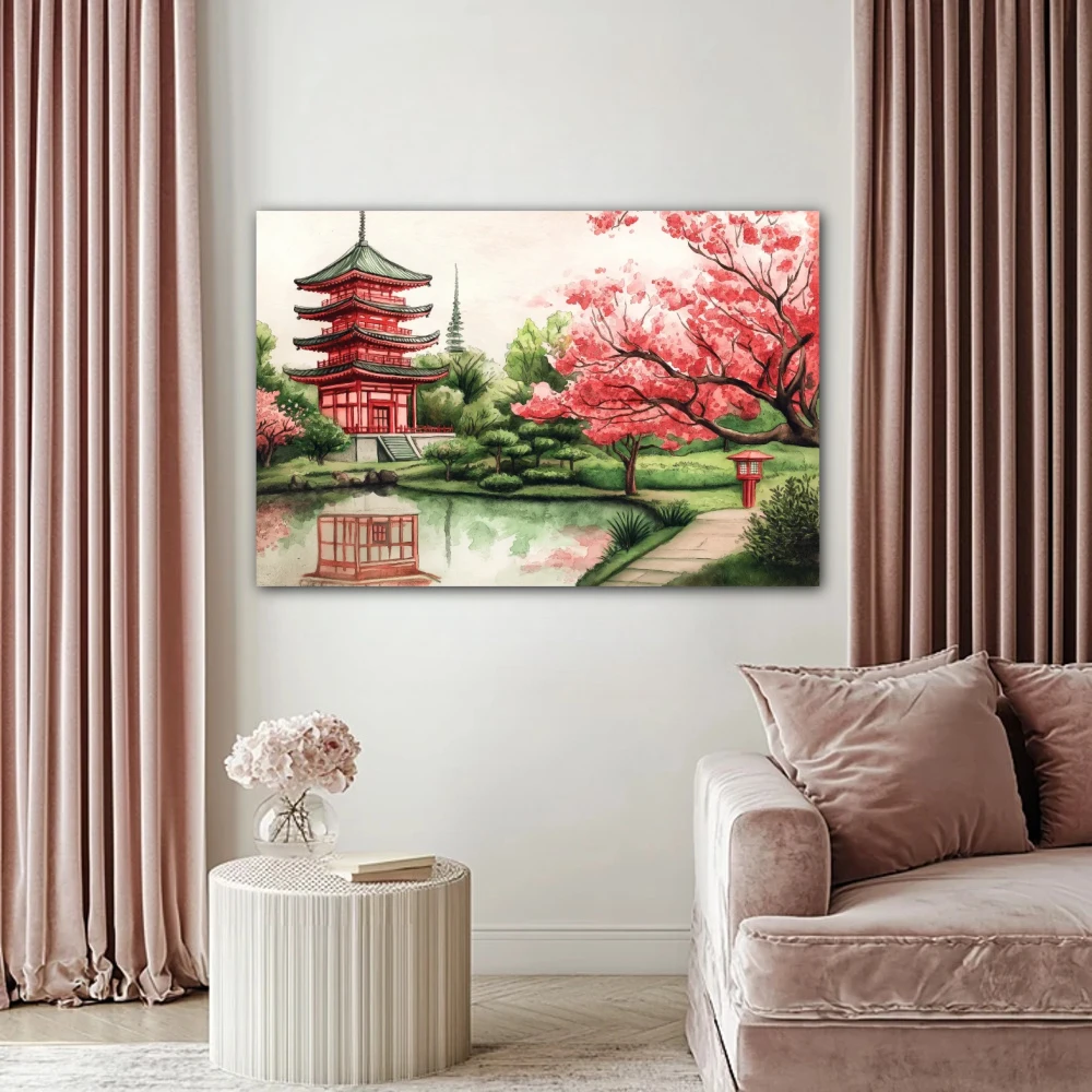 Cuadro pagoda entre cerezos en formato horizontal con colores rojo, rosa, verde; decorando pared de encima del sofá