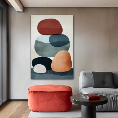 Cuadro arquitectura del silencio en formato vertical con colores azul, gris; decorando pared gris