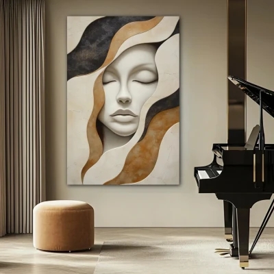 Cuadro La Geometría de un Suspiro en formato vertical con colores Blanco, Dorado; Decorando Pared beige