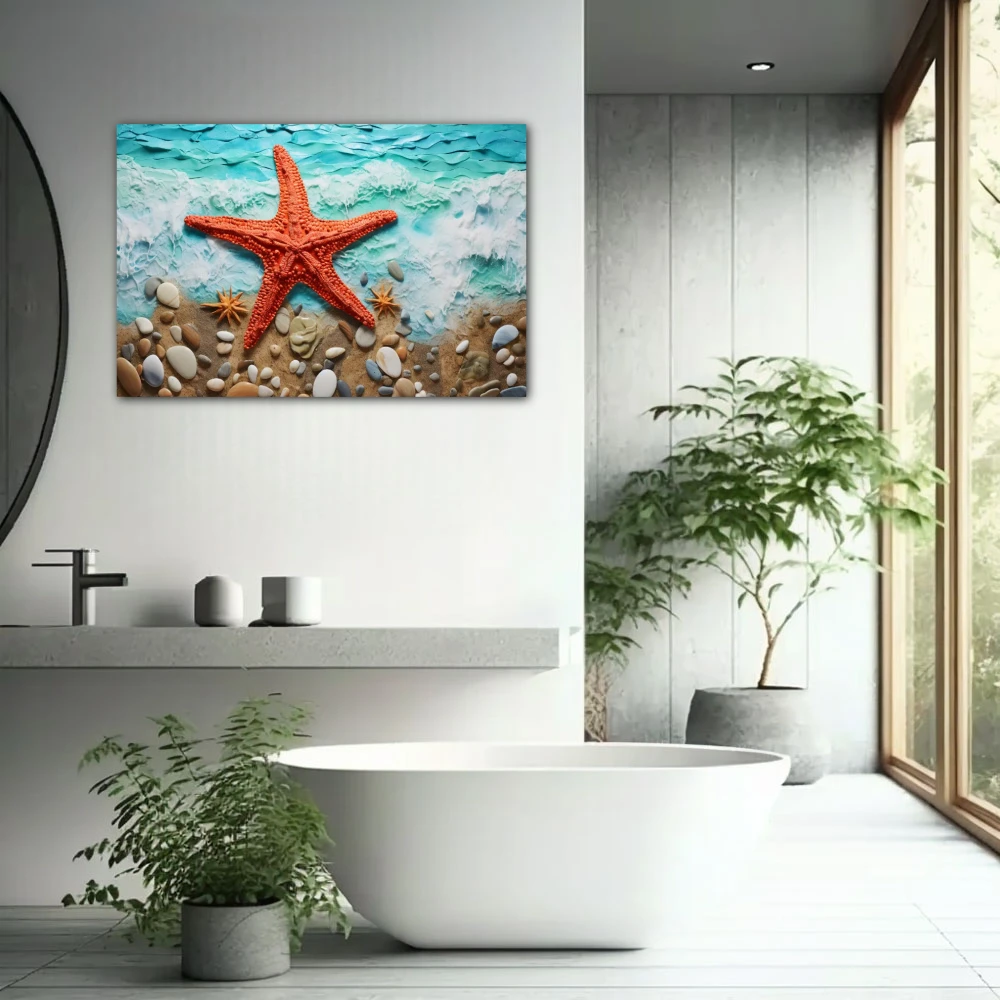 Cuadro la estrella en el mar en formato horizontal con colores celeste, marrón, rojo; decorando pared de baño