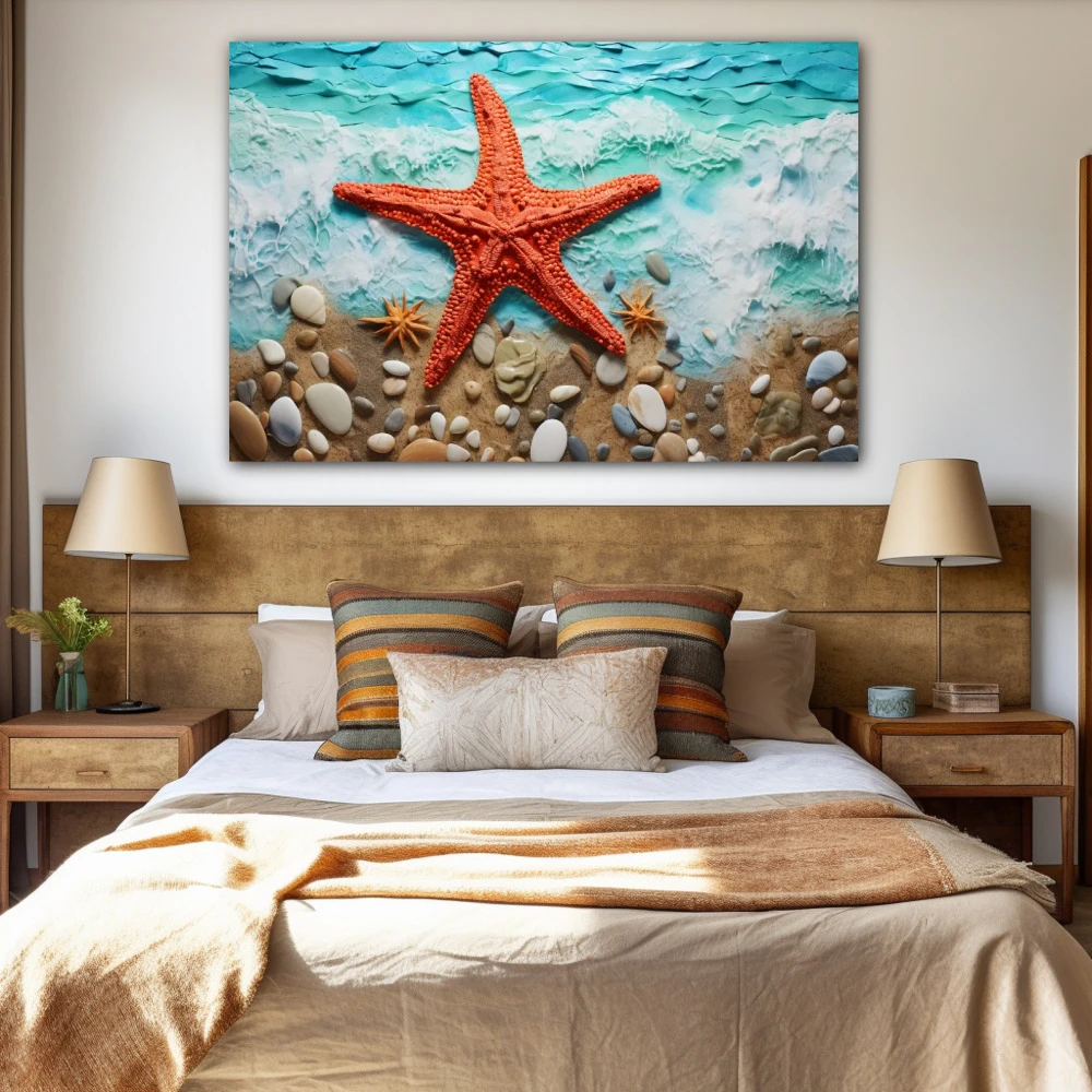 Cuadro la estrella en el mar en formato horizontal con colores celeste, marrón, rojo; decorando pared de habitación dormitorio