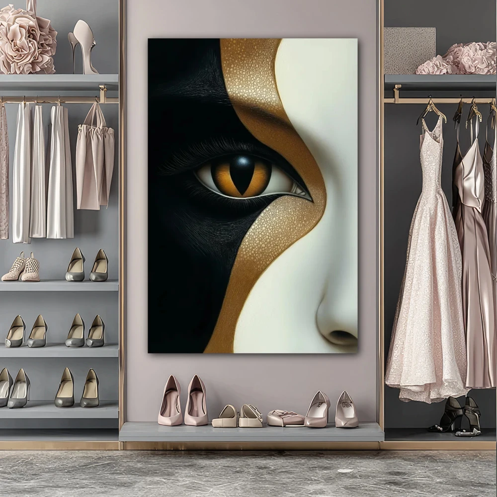 Cuadro oro y obsidiana en formato vertical con colores blanco, dorado, negro; decorando pared de vestidor