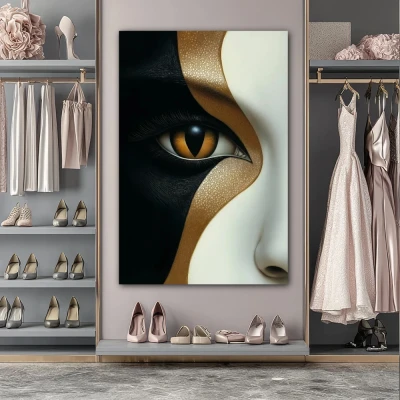 Cuadro oro y obsidiana en formato vertical con colores blanco, dorado, negro; decorando pared de vestidor
