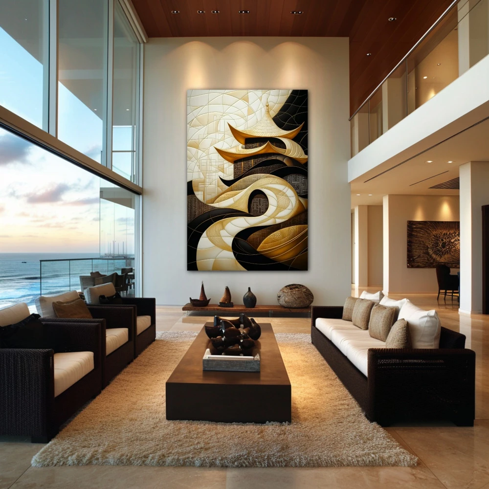 Wall Art titled: The Path of Silence in a Vertical format with: Yellow, and Golden Colors; Decoration the Living Room wall