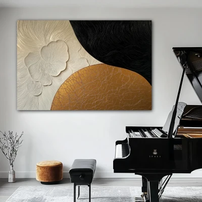Cuadro Valor y la trascendencia en formato horizontal con colores Dorado, Negro, Beige; Decorando Pared blanca Cuadro Valor y la trascendencia en formato horizontal con colores Dorado, Negro, Beige; Decorando Pared blanca