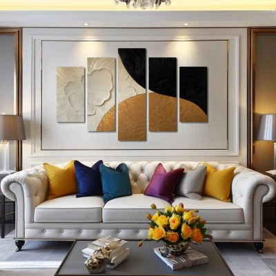 Cuadro valor y la trascendencia en formato políptico con colores dorado, negro, beige; decorando pared de encima del sofá