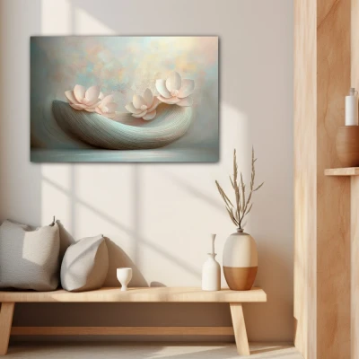 Cuadro florecer y fluir en formato horizontal con colores rosa, pastel; decorando pared beige