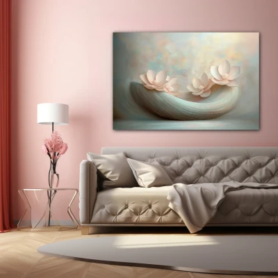 Cuadro florecer y fluir en formato horizontal con colores rosa, pastel; decorando pared de encima del sofá