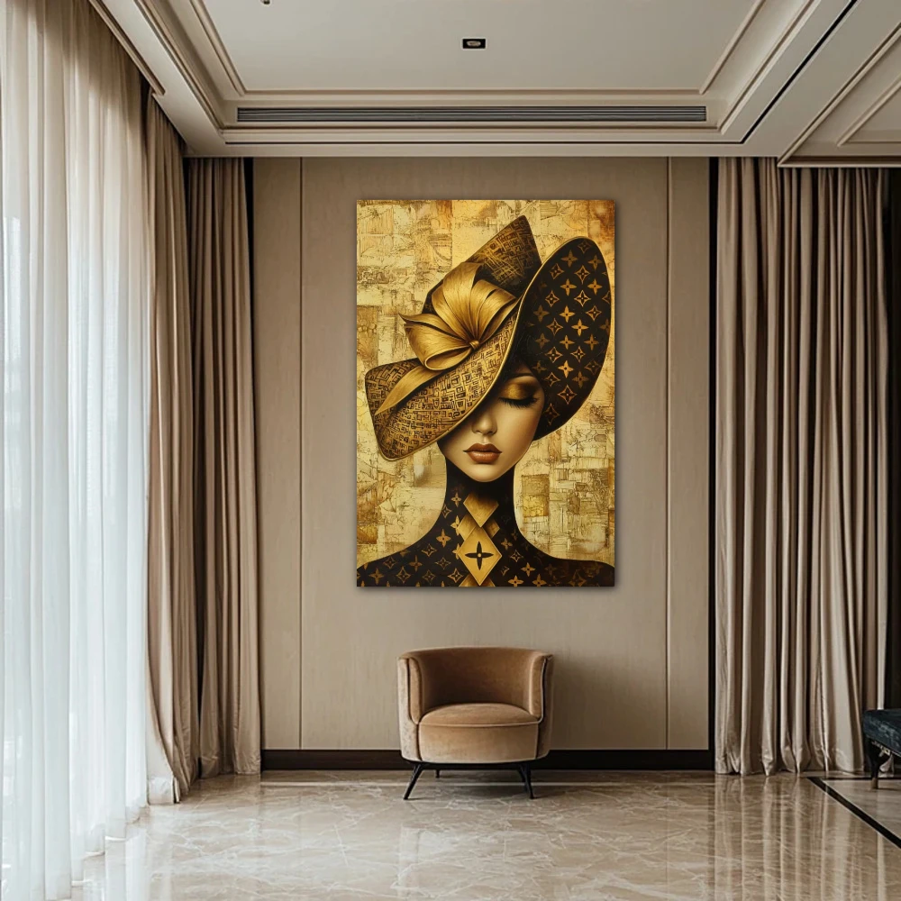 Wall Art titled: Designer's Muse in a Vertical format with: and Golden Colors; Decoration the Beige Wall wall