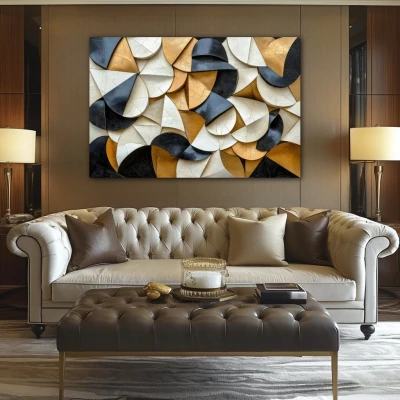 Cuadro vibraciones de la memoria en formato horizontal con colores blanco, dorado, negro; decorando pared de encima del sofá