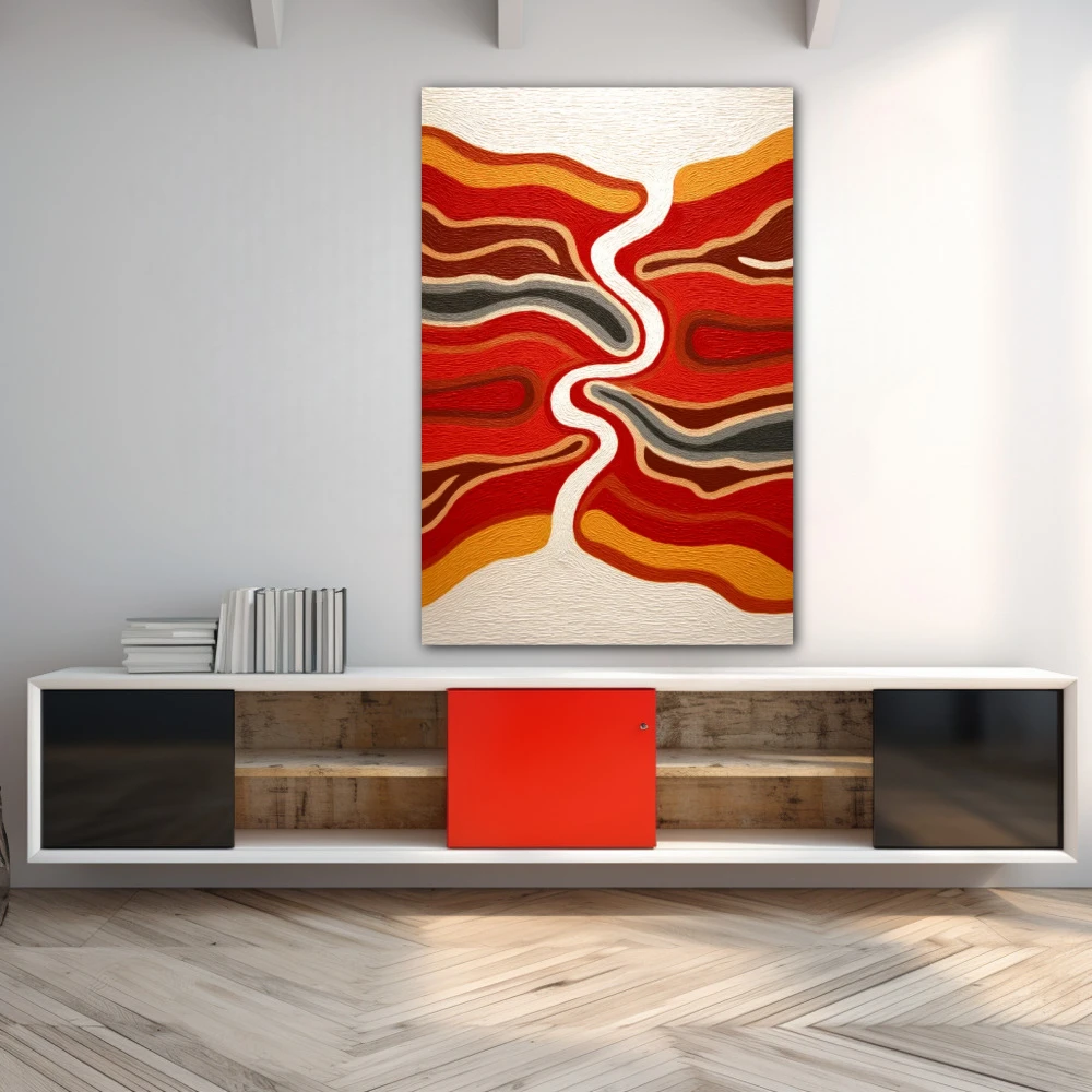Wall Art titled: Where Silence Flows in a Vertical format with: Orange, and Red Colors; Decoration the Sideboard wall