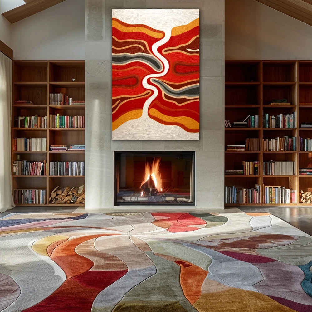 Wall Art titled: Where Silence Flows in a Vertical format with: Orange, and Red Colors; Decoration the Fireplace wall