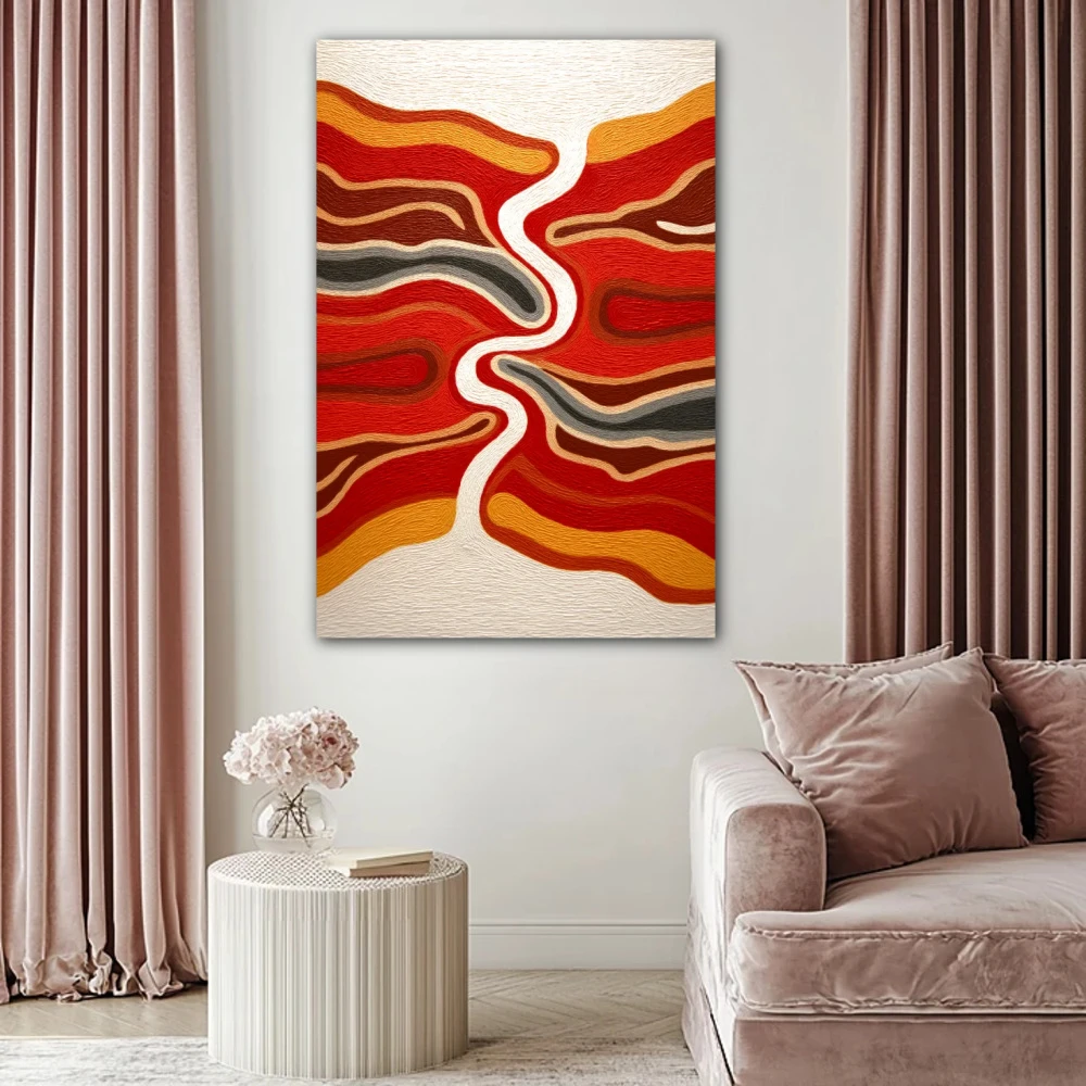Wall Art titled: Where Silence Flows in a Vertical format with: Orange, and Red Colors; Decoration the Above Couch wall