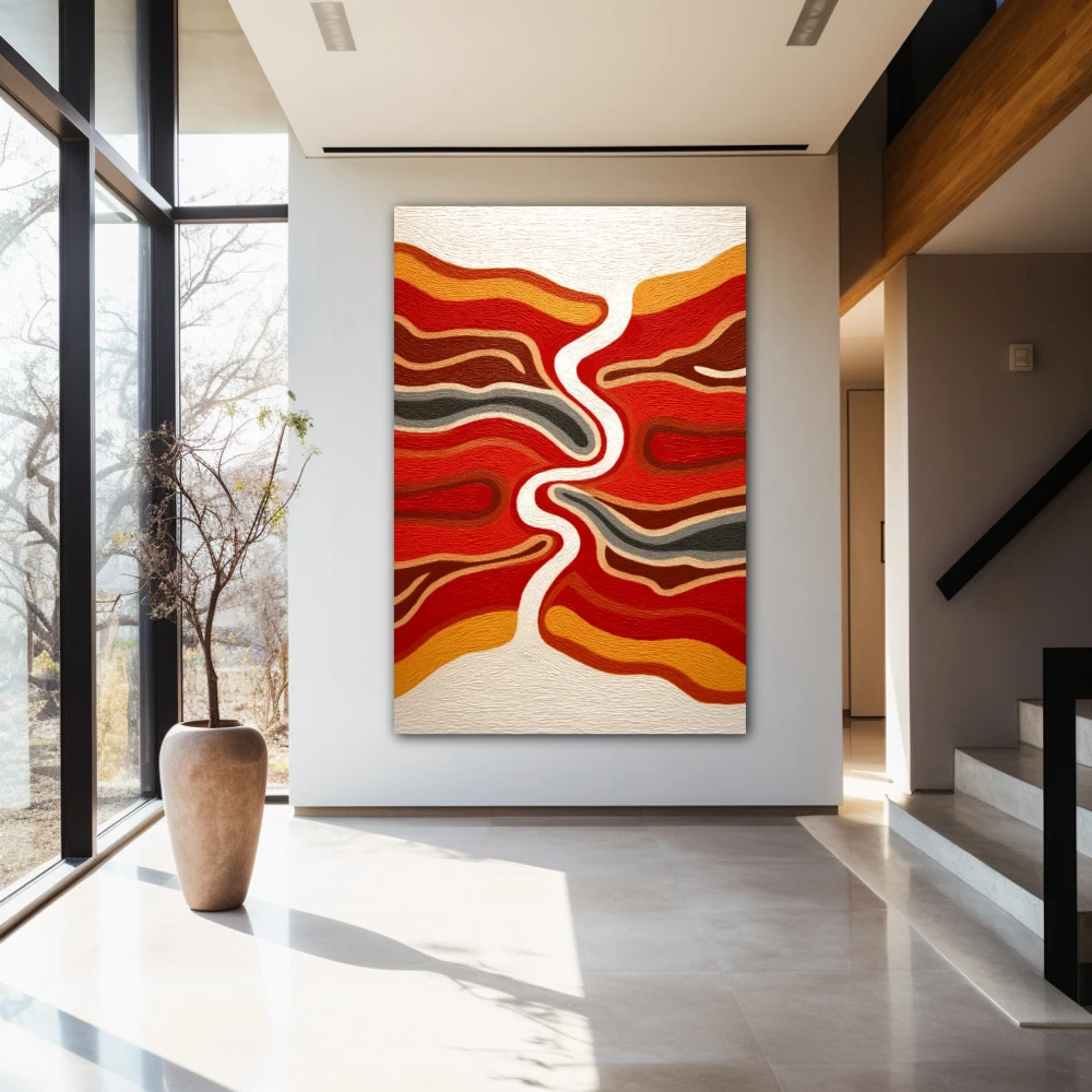 Wall Art titled: Where Silence Flows in a Vertical format with: Orange, and Red Colors; Decoration the Entryway wall