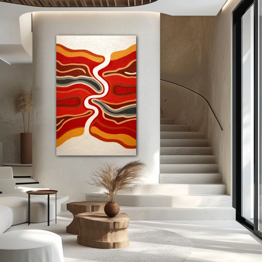 Wall Art titled: Where Silence Flows in a Vertical format with: Orange, and Red Colors; Decoration the Staircase wall