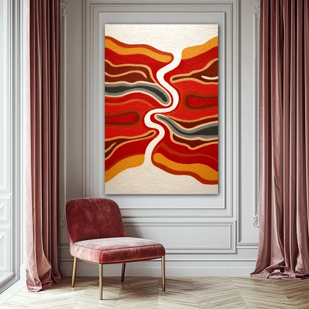 Cuadro donde fluye el silencio en formato vertical con colores naranja, rojo; decorando pared de habitación dormitorio