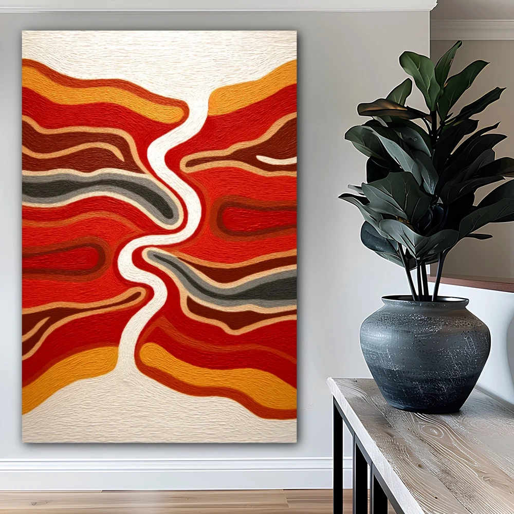 Wall Art titled: Where Silence Flows in a Vertical format with: Orange, and Red Colors; Decoration the Office wall