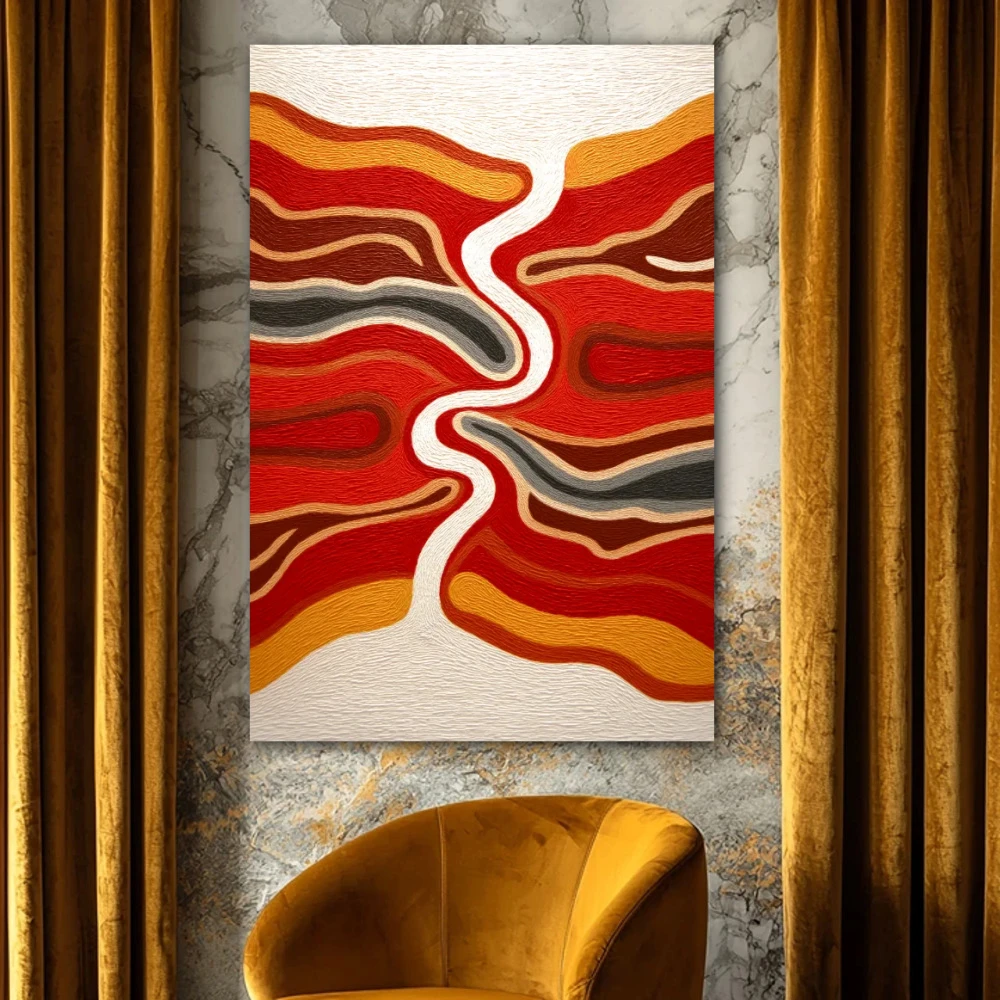 Wall Art titled: Where Silence Flows in a Vertical format with: Orange, and Red Colors; Decoration the Living Room wall