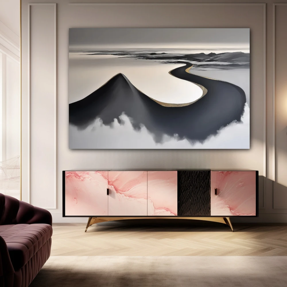 Wall Art titled: The Whisper of the Horizon in a Horizontal format with: Golden, and Grey Colors; Decoration the Sideboard wall