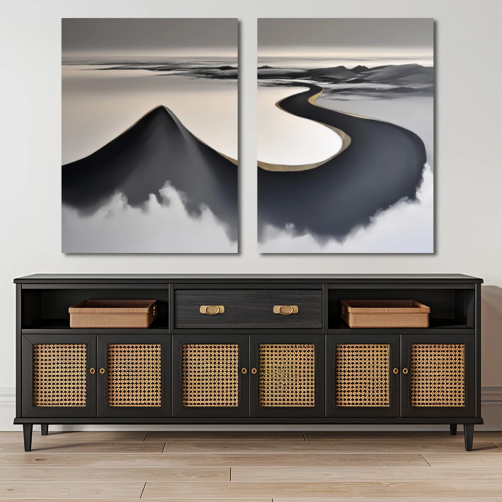 Wall Art titled: The Whisper of the Horizon in a Horizontal format with: Golden, and Grey Colors; Decoration the Sideboard wall