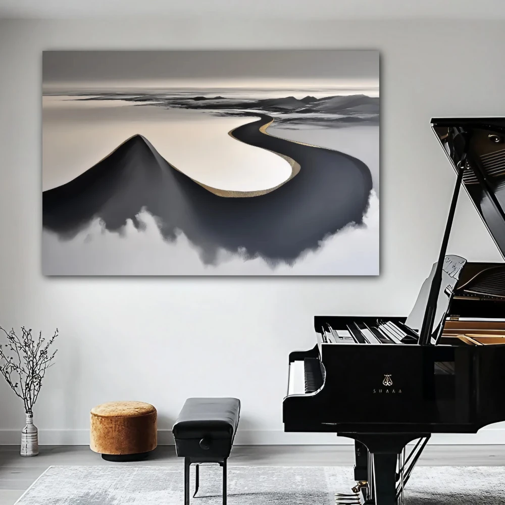 Wall Art titled: The Whisper of the Horizon in a Horizontal format with: Golden, and Grey Colors; Decoration the White Wall wall