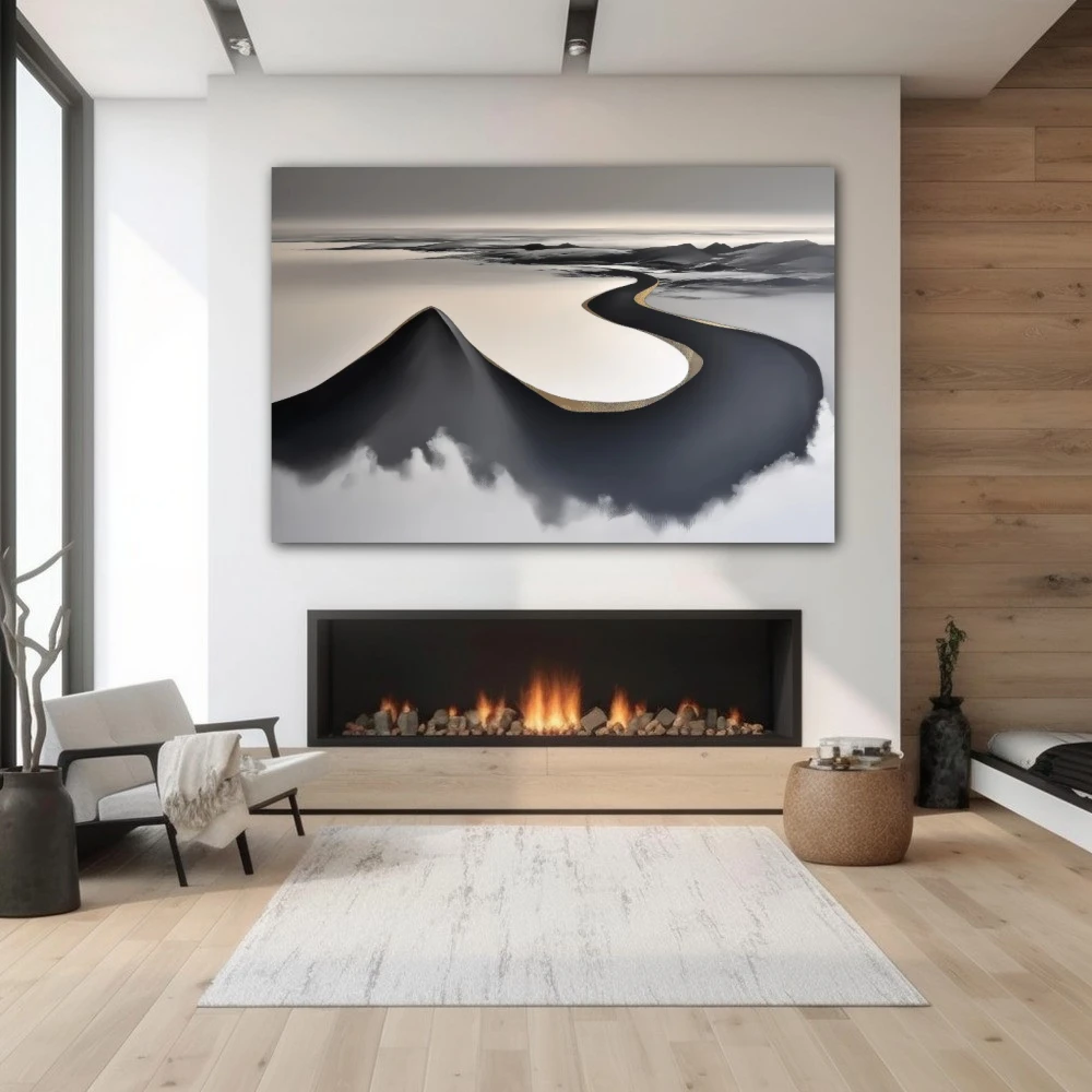 Wall Art titled: The Whisper of the Horizon in a Horizontal format with: Golden, and Grey Colors; Decoration the Fireplace wall