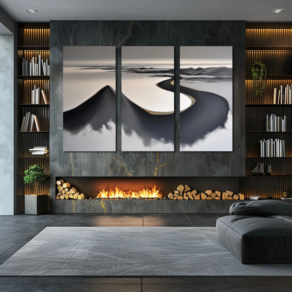 Wall Art titled: The Whisper of the Horizon in a Horizontal format with: Golden, and Grey Colors; Decoration the Fireplace wall
