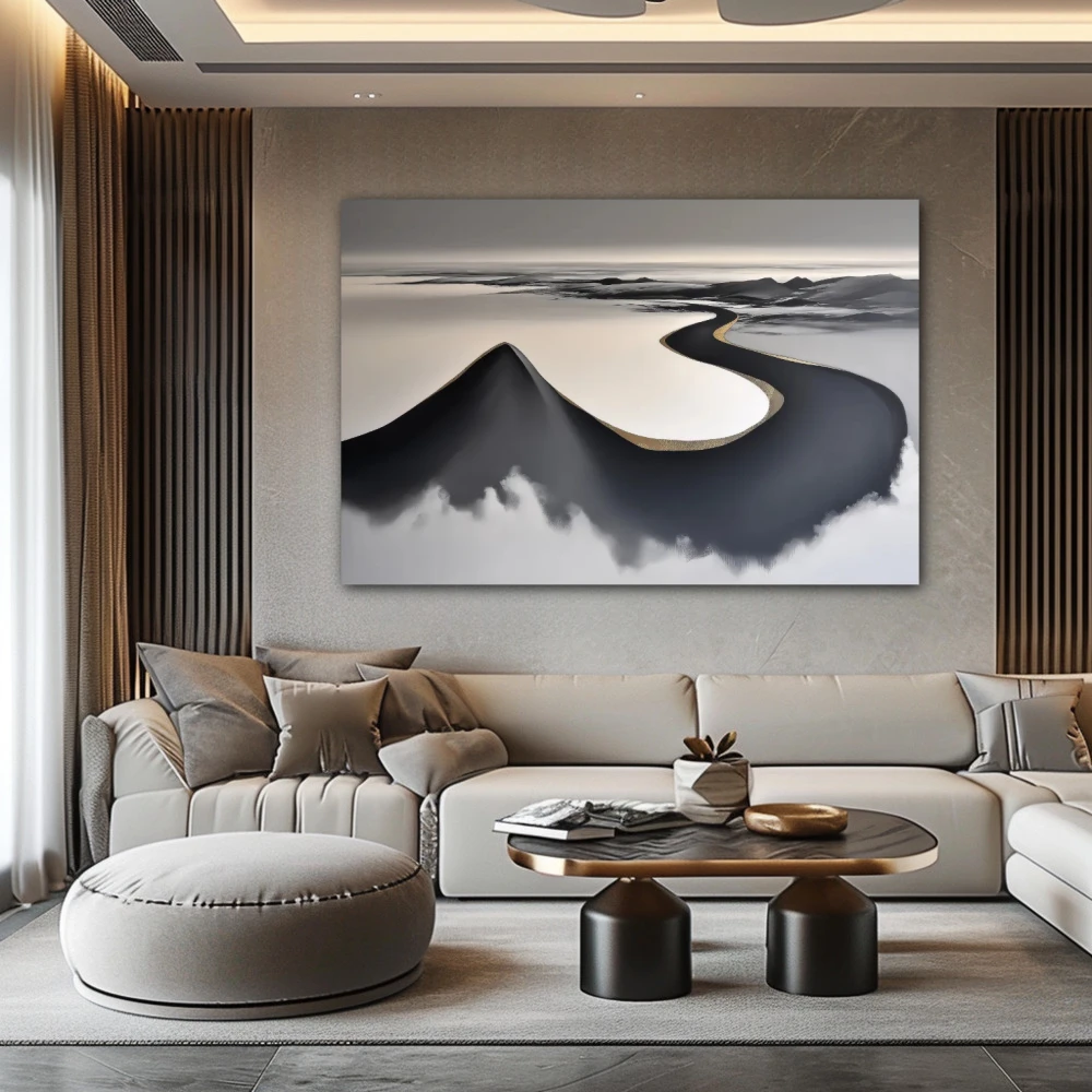 Wall Art titled: The Whisper of the Horizon in a Horizontal format with: Golden, and Grey Colors; Decoration the Above Couch wall