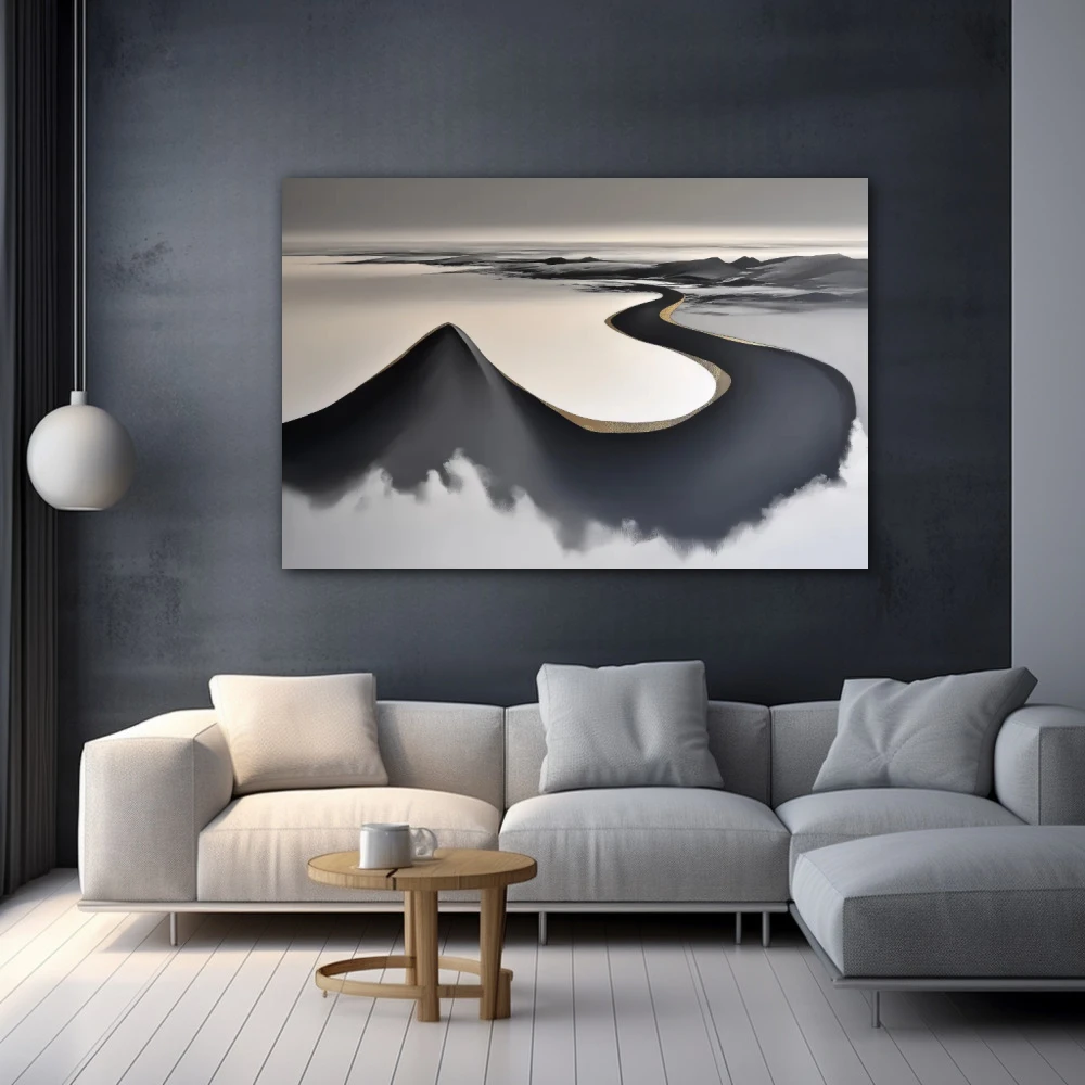 Wall Art titled: The Whisper of the Horizon in a Horizontal format with: Golden, and Grey Colors; Decoration the Grey Walls wall