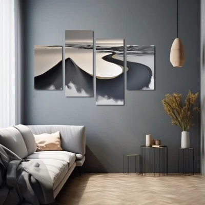 Cuadro el susurro del horizonte en formato políptico con colores dorado, gris; decorando pared gris
