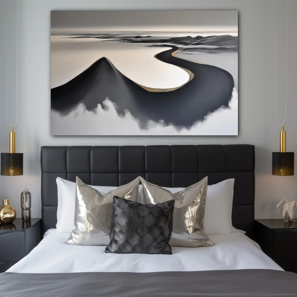 Wall Art titled: The Whisper of the Horizon in a Horizontal format with: Golden, and Grey Colors; Decoration the Bedroom wall