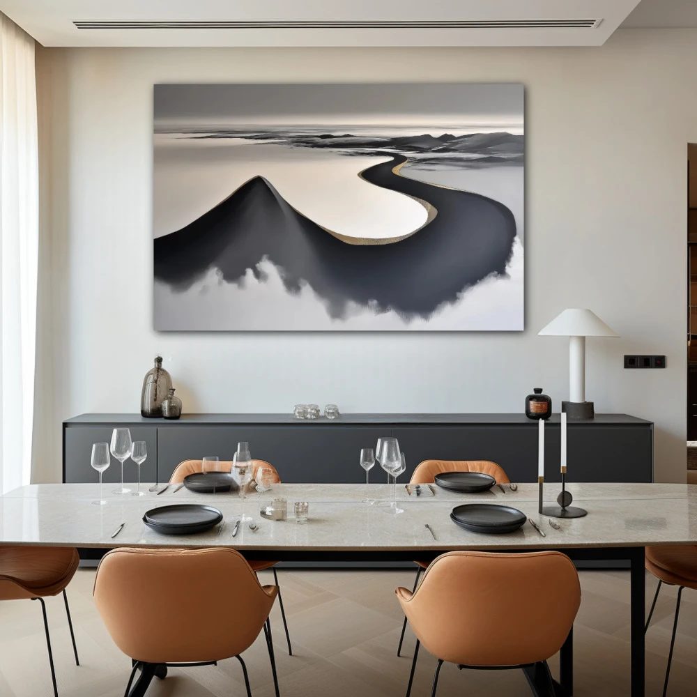 Wall Art titled: The Whisper of the Horizon in a Horizontal format with: Golden, and Grey Colors; Decoration the Living Room wall