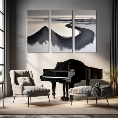 Cuadro el susurro del horizonte en formato tríptico con colores dorado, gris; decorando pared de salón comedor