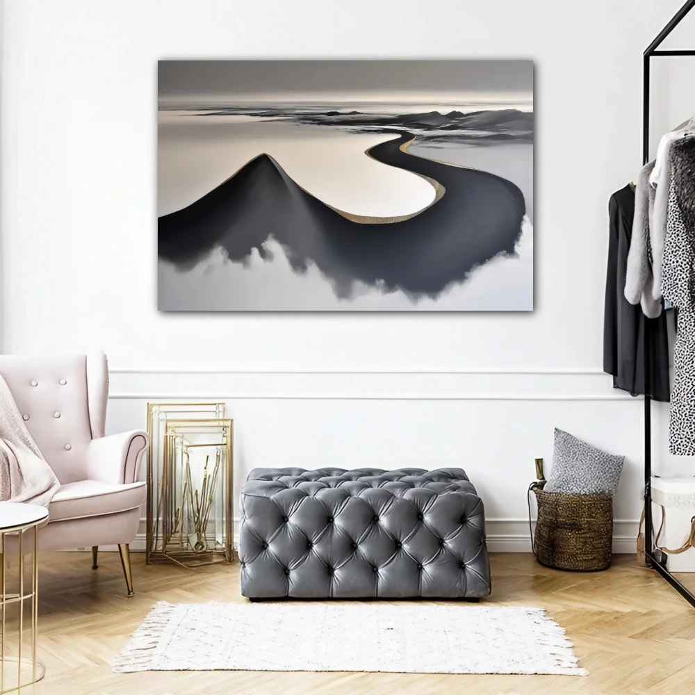 Wall Art titled: The Whisper of the Horizon in a Horizontal format with: Golden, and Grey Colors; Decoration the Dressing Room wall