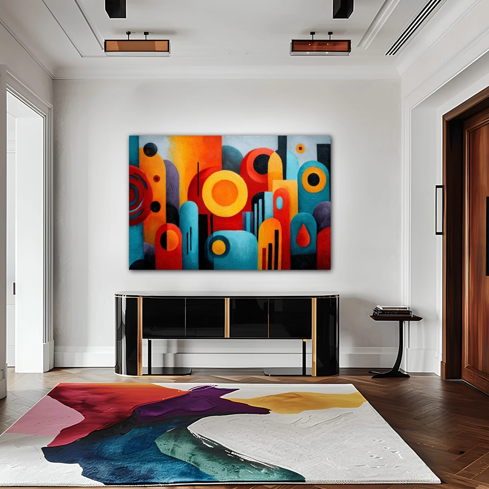 Wall Art titled: The Order of Noise in a Horizontal format with: Blue, Orange, and Vivid Colors; Decoration the Sideboard wall