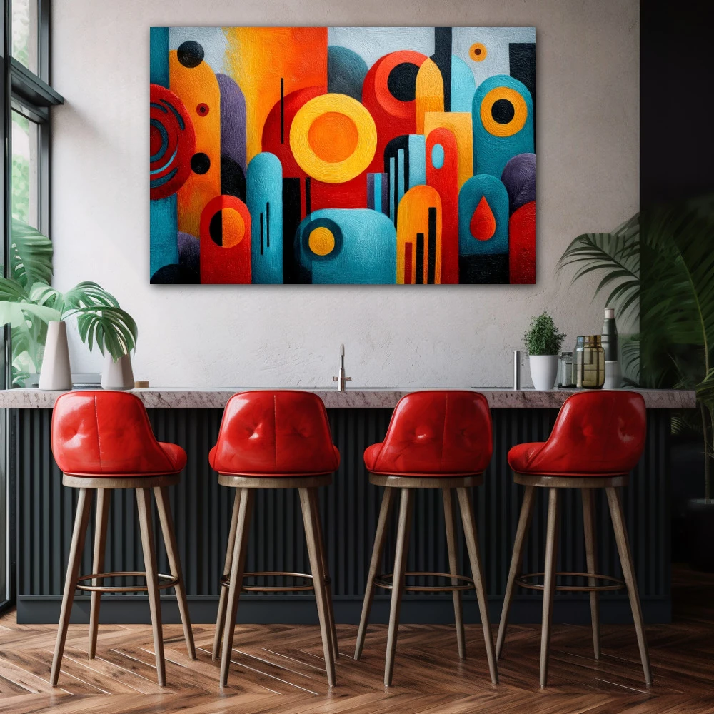 Wall Art titled: The Order of Noise in a Horizontal format with: Blue, Orange, and Vivid Colors; Decoration the Bar wall