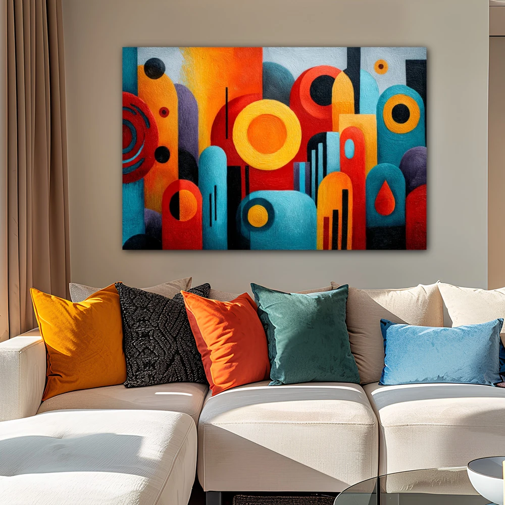 Wall Art titled: The Order of Noise in a Horizontal format with: Blue, Orange, and Vivid Colors; Decoration the Beige Wall wall