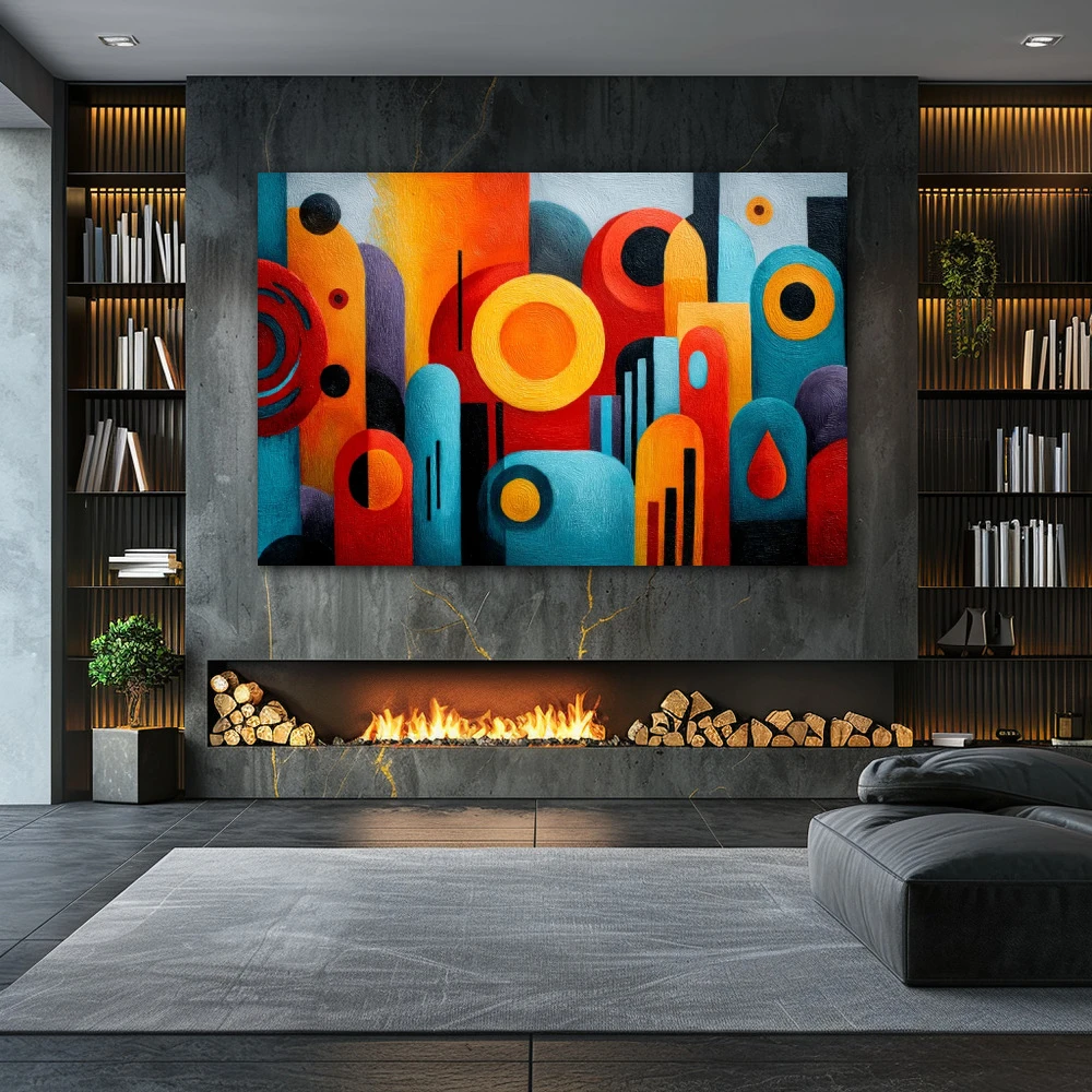 Wall Art titled: The Order of Noise in a Horizontal format with: Blue, Orange, and Vivid Colors; Decoration the Fireplace wall