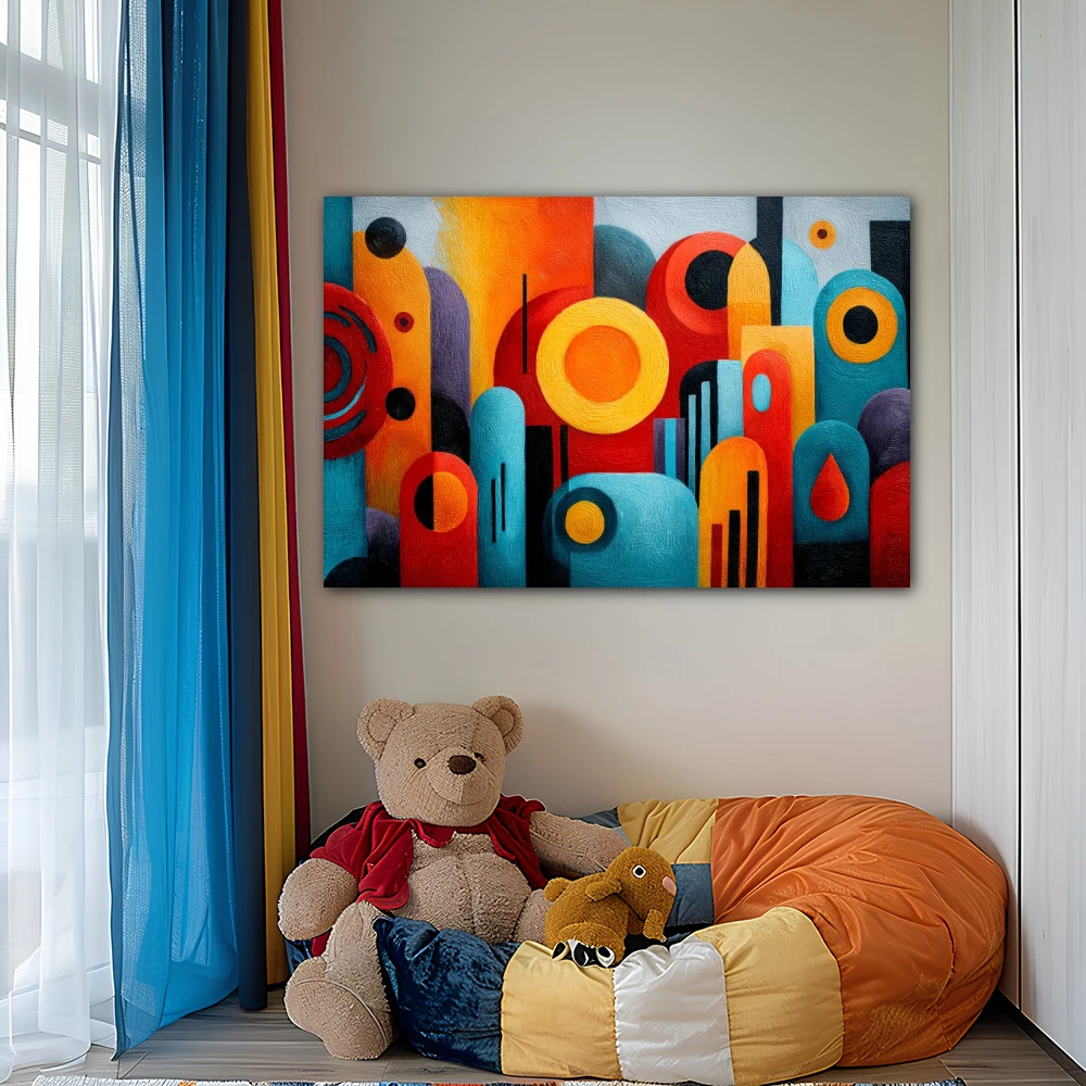 Wall Art titled: The Order of Noise in a Horizontal format with: Blue, Orange, and Vivid Colors; Decoration the Nursery wall