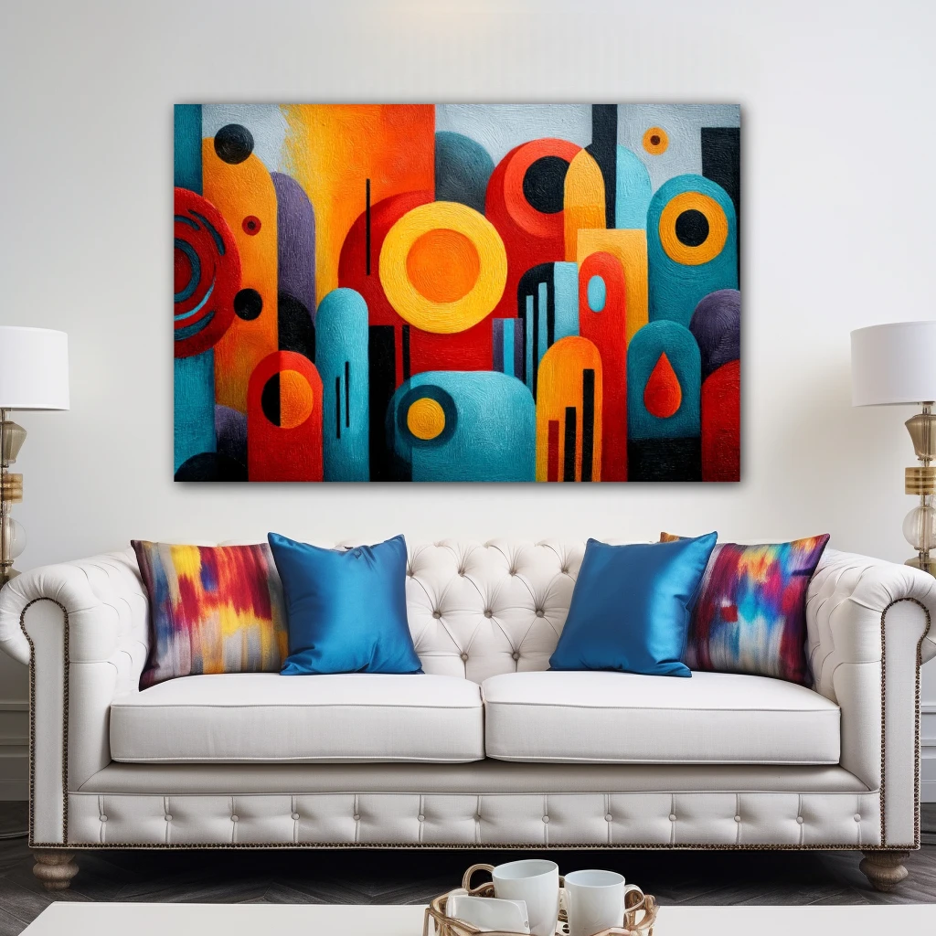 Wall Art titled: The Order of Noise in a Horizontal format with: Blue, Orange, and Vivid Colors; Decoration the Above Couch wall