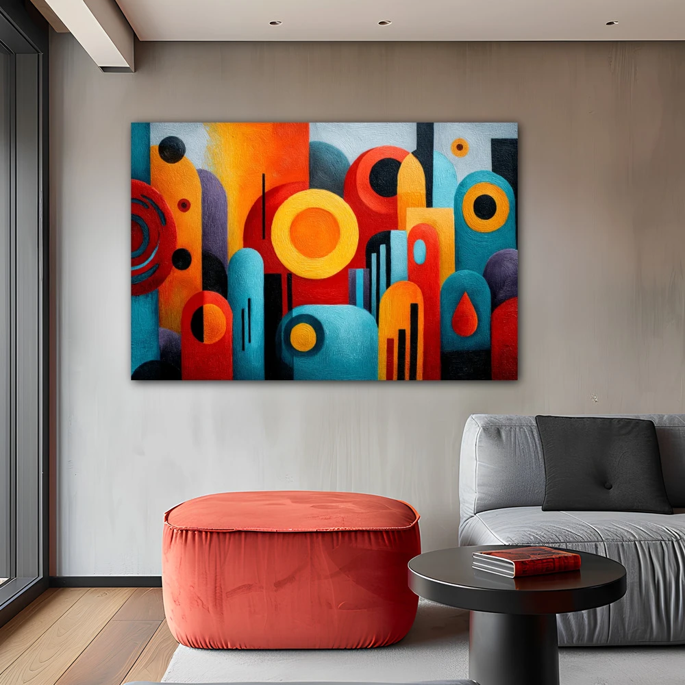 Wall Art titled: The Order of Noise in a Horizontal format with: Blue, Orange, and Vivid Colors; Decoration the Grey Walls wall