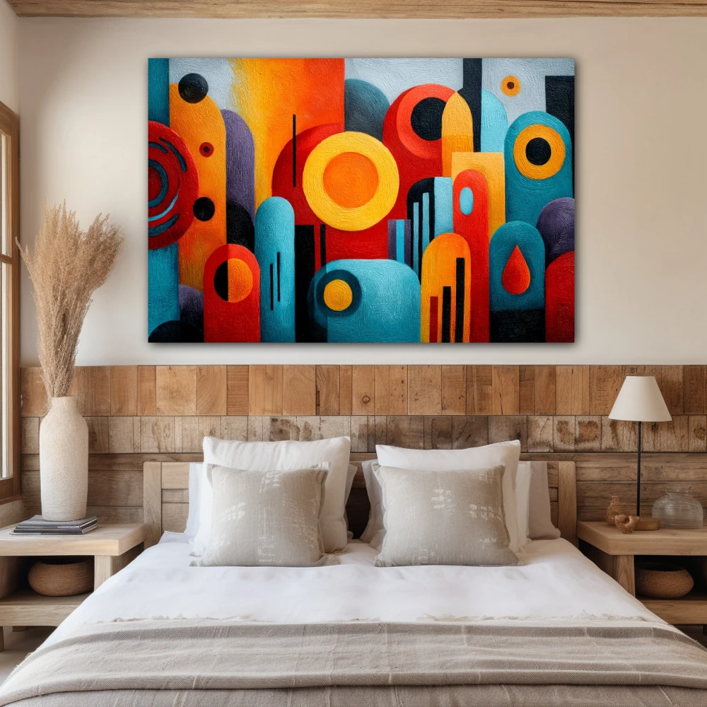 Cuadro el orden del ruido en formato horizontal con colores azul, naranja, vivos; decorando pared de habitación dormitorio