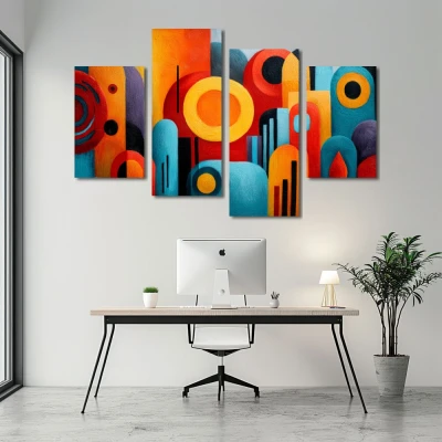 Cuadro el orden del ruido en formato políptico con colores azul, naranja, vivos; decorando pared de oficina