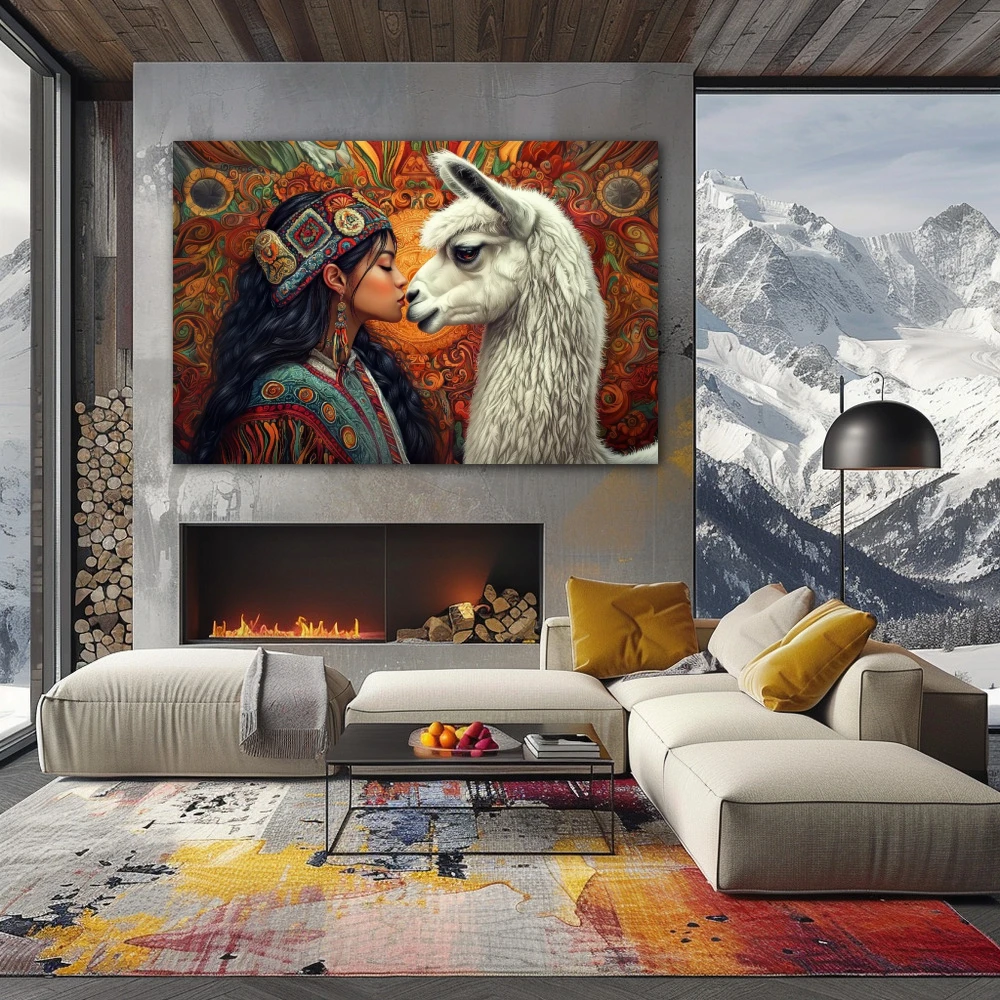 Wall Art titled: The Breath of the Andes in a Horizontal format with: white, Orange, and Red Colors; Decoration the Fireplace wall